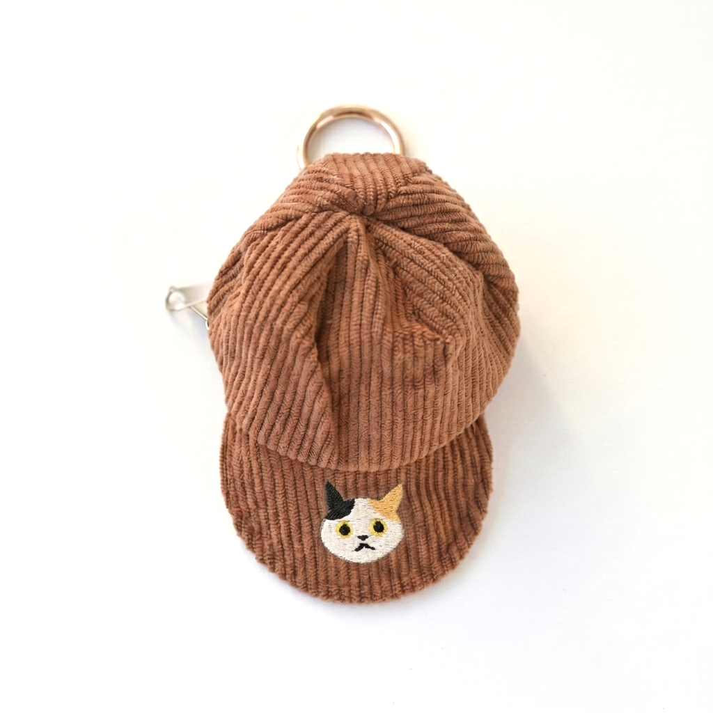 コーデュロイ キャップポーチ 刺繍 猫 小物入れ