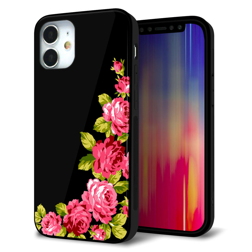 iPhone 12 mini 強化ガラス&TPUスマホケース ガラプリ【VA826 バラのフレーム(黒)】