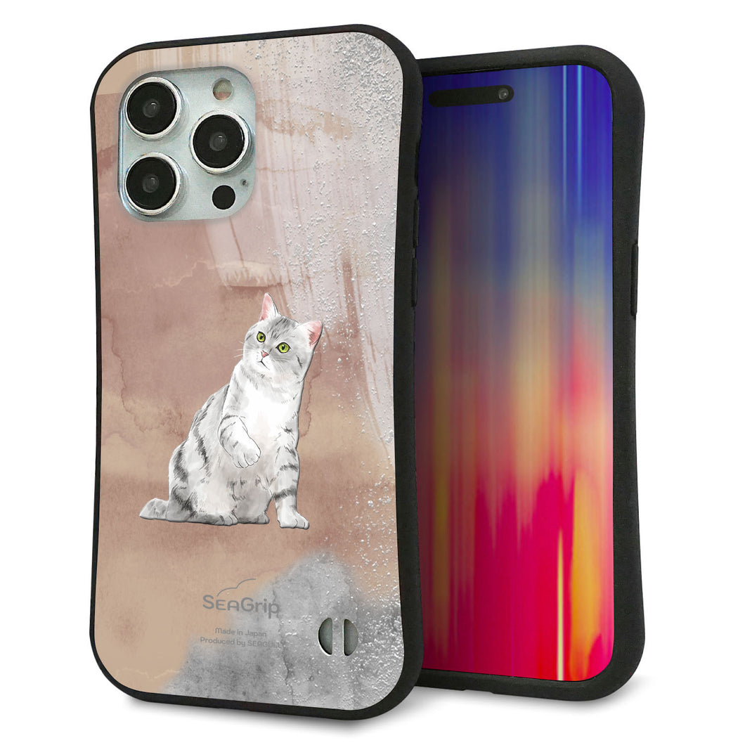 iPhone 15 Pro Max スマホケース 「SEA Grip」 グリップケース Sライン 【HA166 アメリカンショートヘア+くすみカラー】 UV印刷