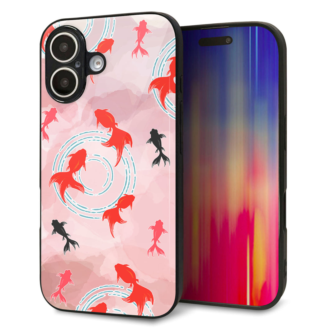 iPhone16 強化ガラス&TPUスマホケース ガラプリ【HA228 金魚 水彩 ピンク】