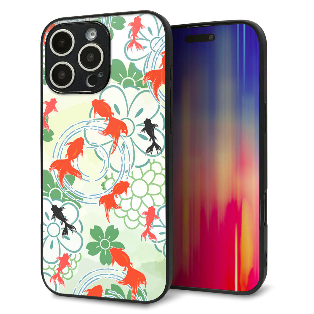 iPhone16 Pro Max 強化ガラス&TPUスマホケース ガラプリ【HA218 金魚 花柄 グリーン】