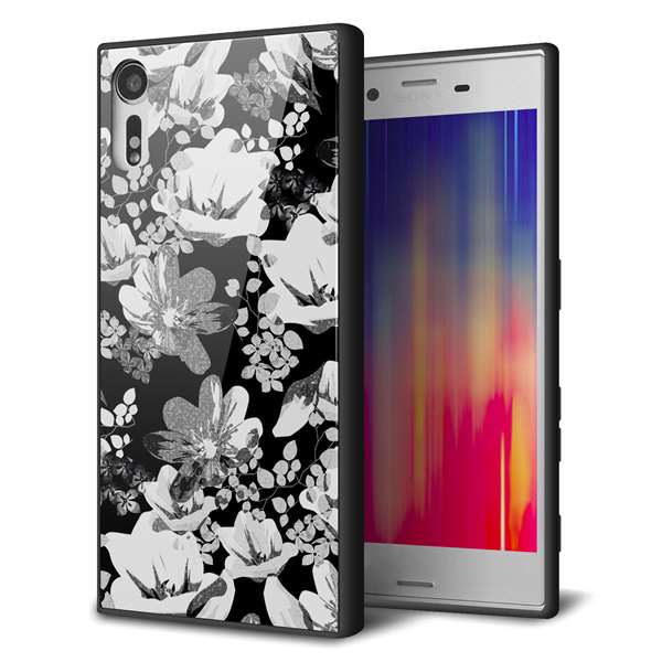 Xperia XZs 602SO SoftBank 強化ガラス&TPUスマホケース ガラプリ【SC913 花柄モノトーン 02】
