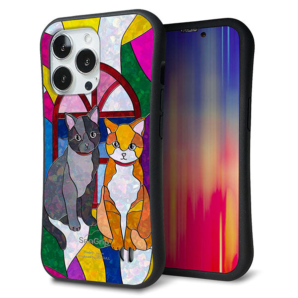 iPhone 13 Pro スマホケース 「SEA Grip」 グリップケース Sライン 【MA995 ステンドグラス ネコ】 UV印刷