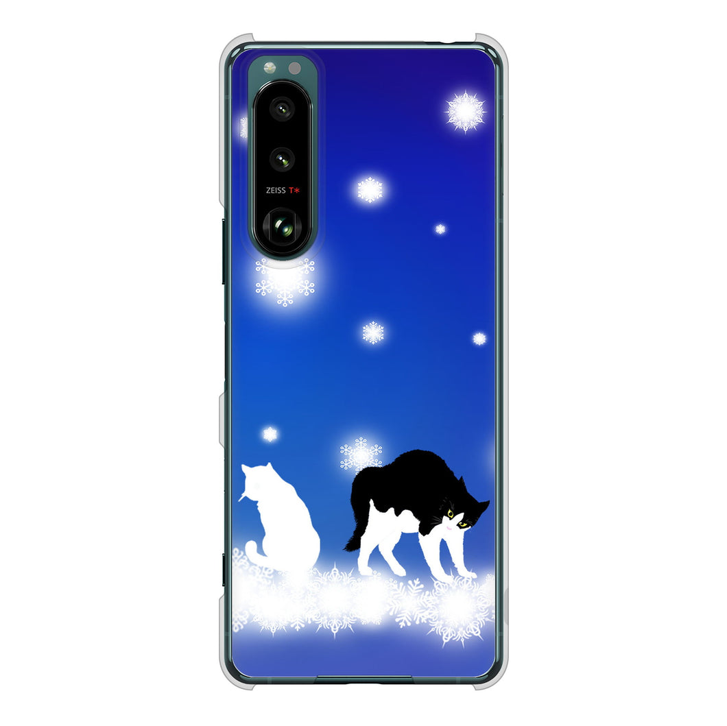 Xperia 5 III SO-53B docomo 高画質仕上げ 背面印刷 ハードケース 【YJ335 雪の結晶 はちわれ】