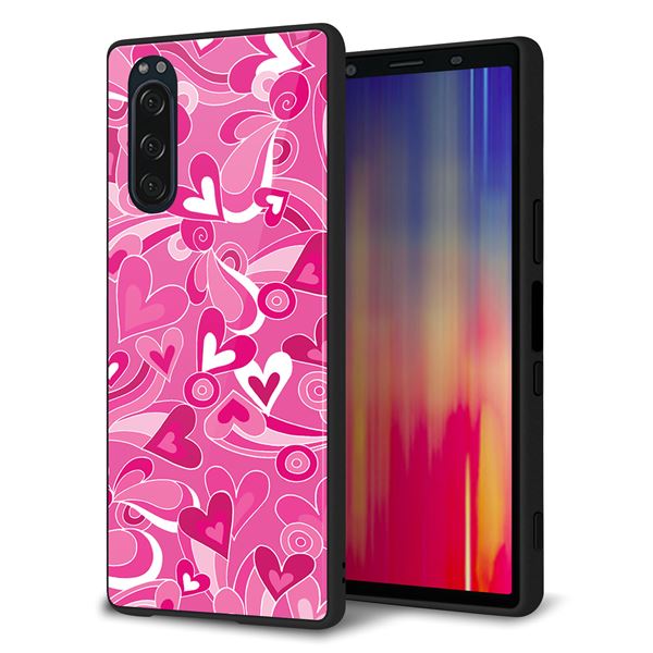 Xperia 5 SOV41 au 強化ガラス&TPUスマホケース ガラプリ【383 ピンクのハート】