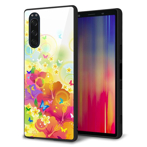 Xperia 5 SOV41 au 強化ガラス&TPUスマホケース ガラプリ【647 ハイビスカスと蝶】