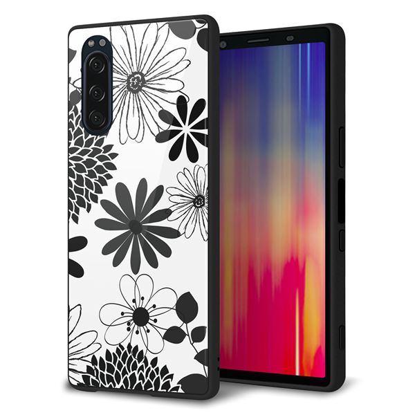 Xperia 5 SOV41 au 強化ガラス&TPUスマホケース ガラプリ【SC912 花柄モノトーン 01】
