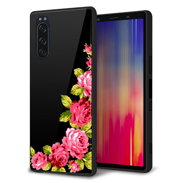 Xperia 5 SOV41 au 強化ガラス&TPUスマホケース ガラプリ【VA826 バラのフレーム(黒)】