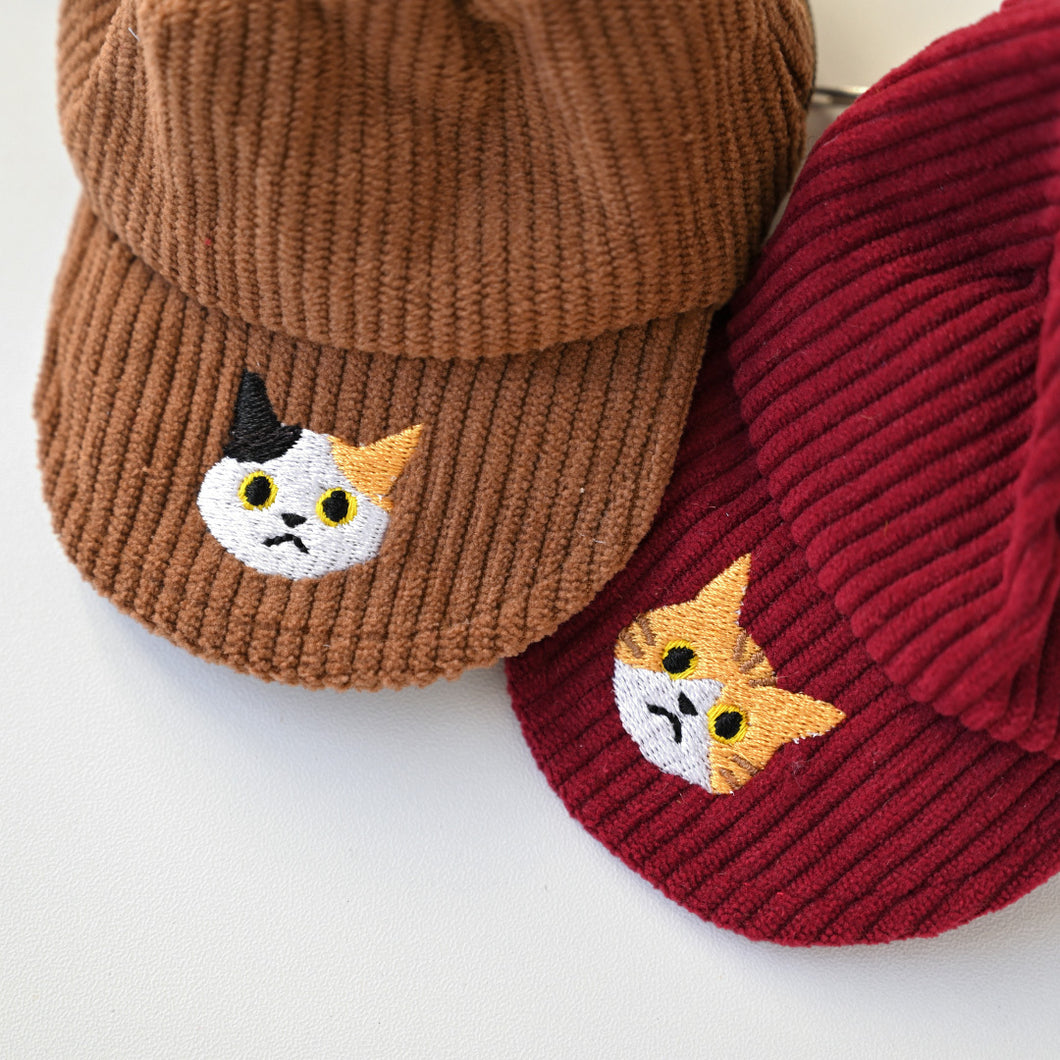 コーデュロイ キャップポーチ 刺繍 猫 小物入れ