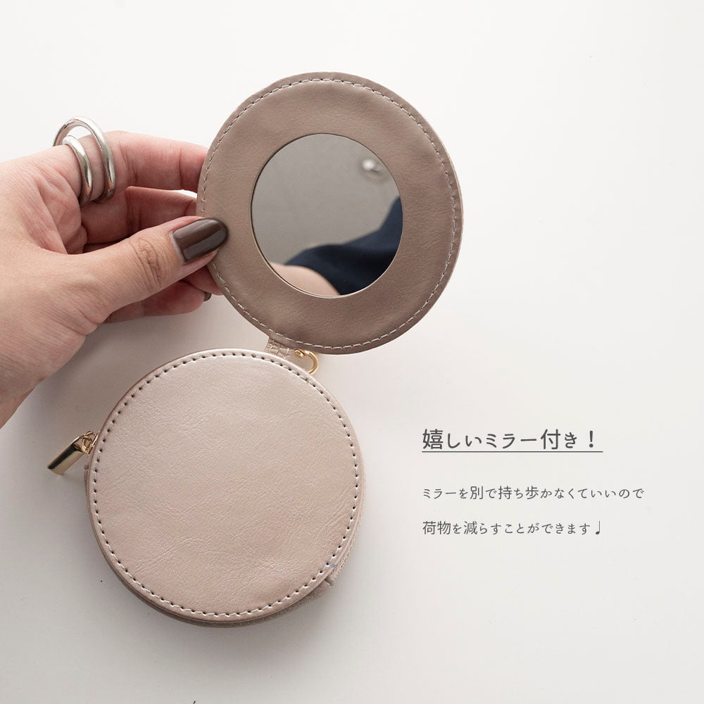 ミラー付き ラウンドポーチ simple イニシャル × 花