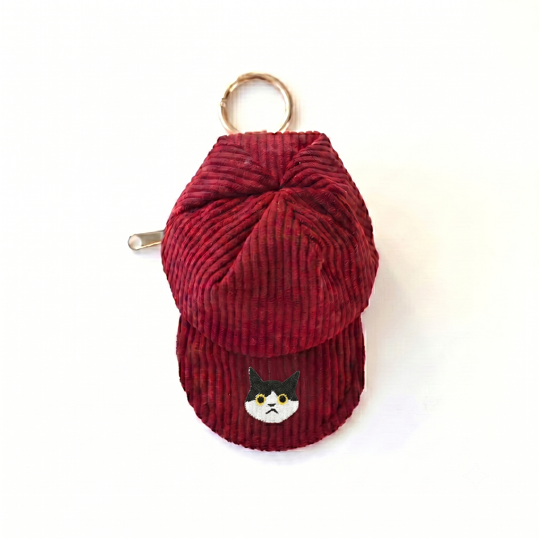 コーデュロイ キャップポーチ 刺繍 猫 小物入れ
