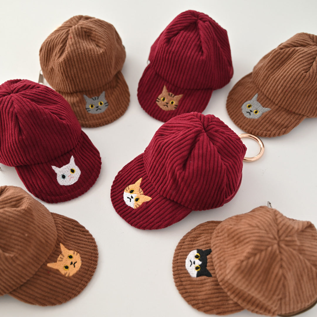 コーデュロイ キャップポーチ 刺繍 猫 小物入れ