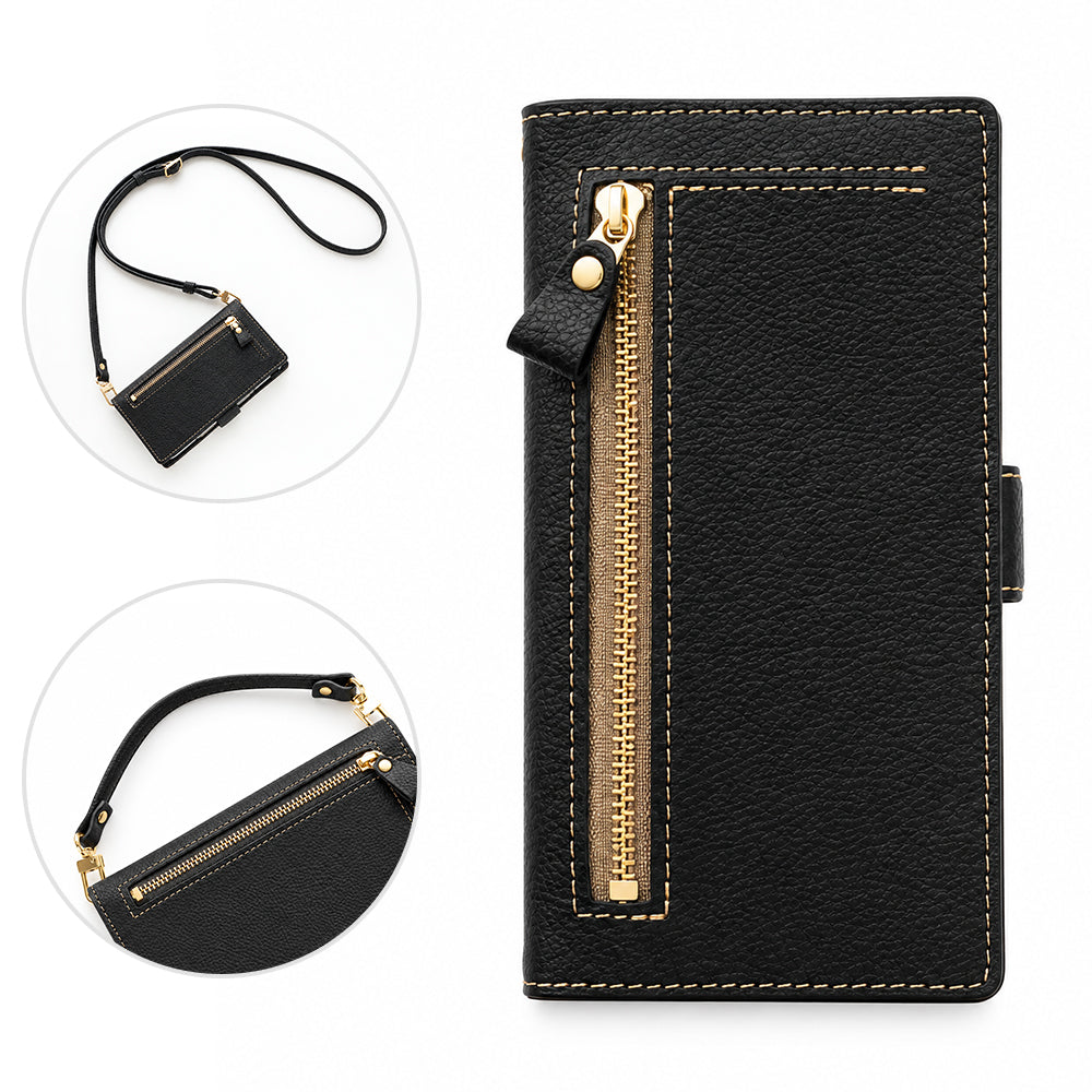 ZenFone Max Pro (M2)  ZB631KL 姫路レザー シュリンクレザー ファスナーポケット付き スマホケース 手帳型 本革 サイドマグネット スマホショルダー