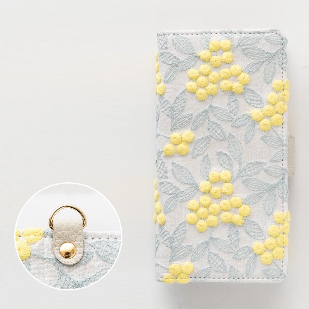 Galaxy S26+ SCG38 au ぷっくりミモザ 刺繍 サイドマグネット スマホケース 手帳型