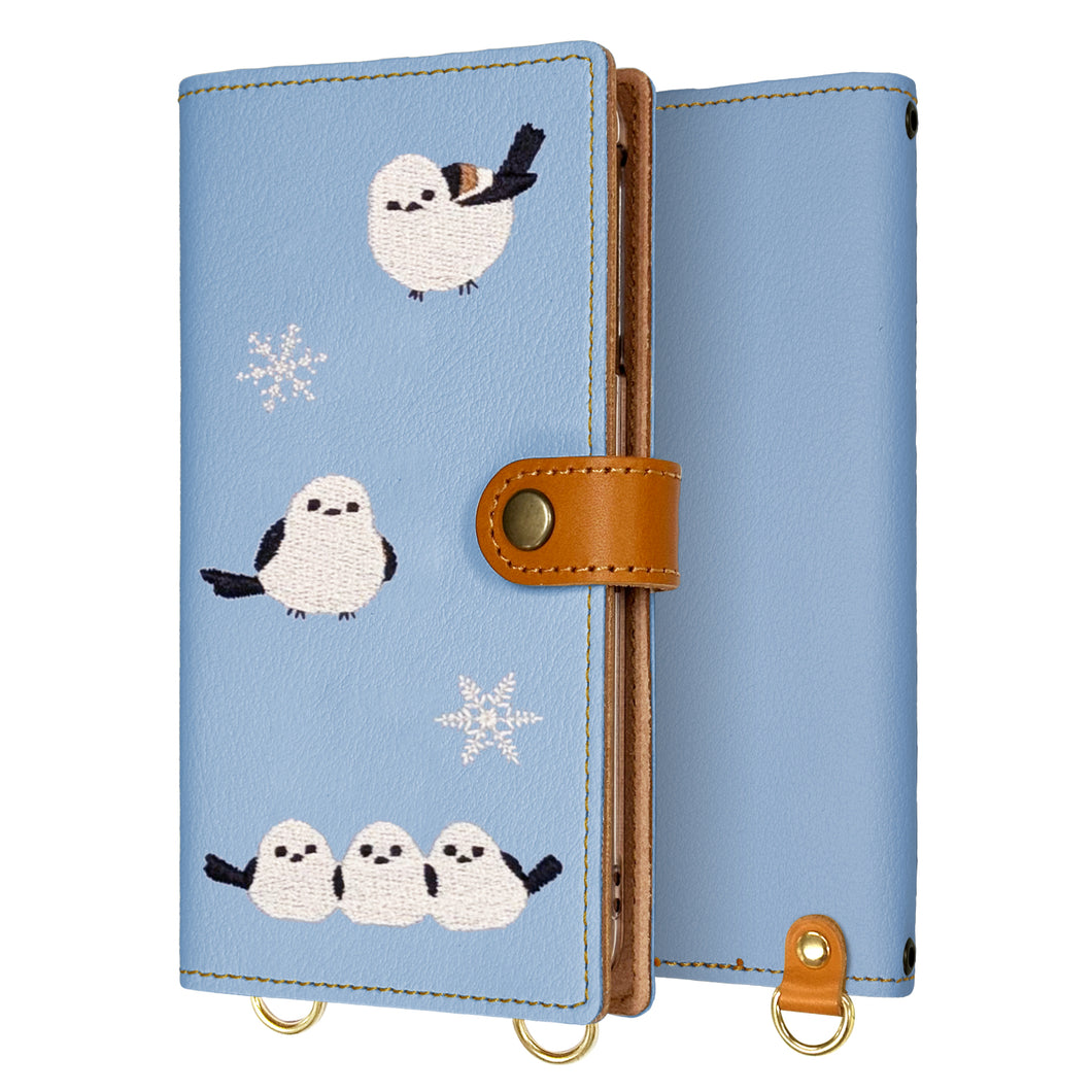 Xperia X Performance SOV33 au 刺繍 雪とシマエナガ 手帳型ケース 耐衝撃
