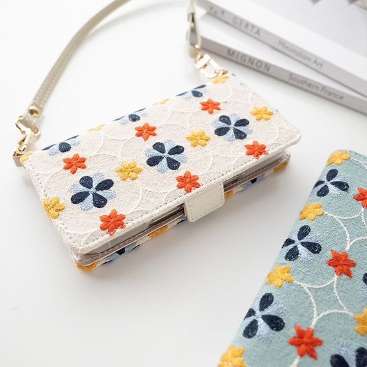 レトロ花つづりの刺繍手帳型スマホケース