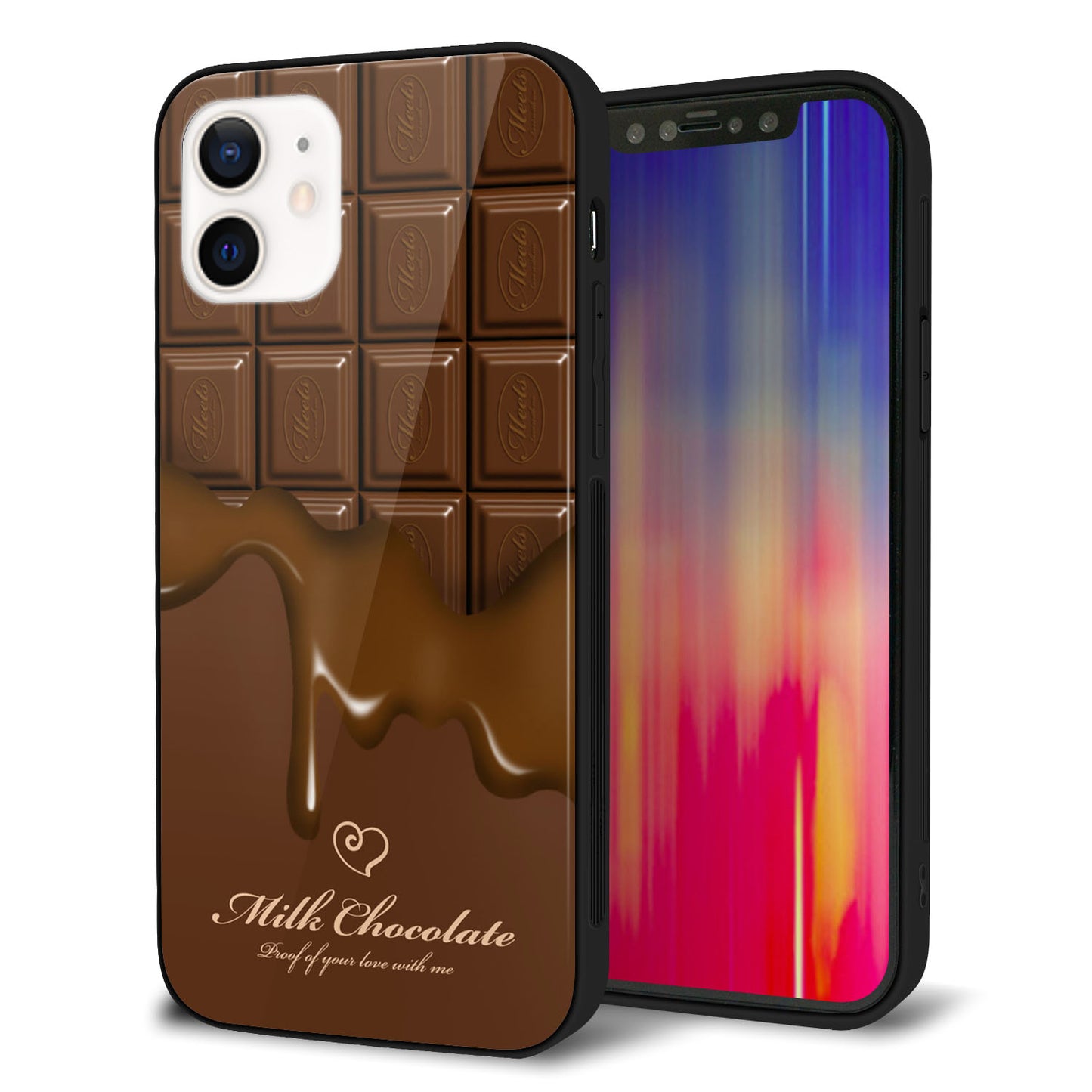 iPhone 12 強化ガラス＆TPUスマホケース ガラプリ【536 板チョコ-ハート】