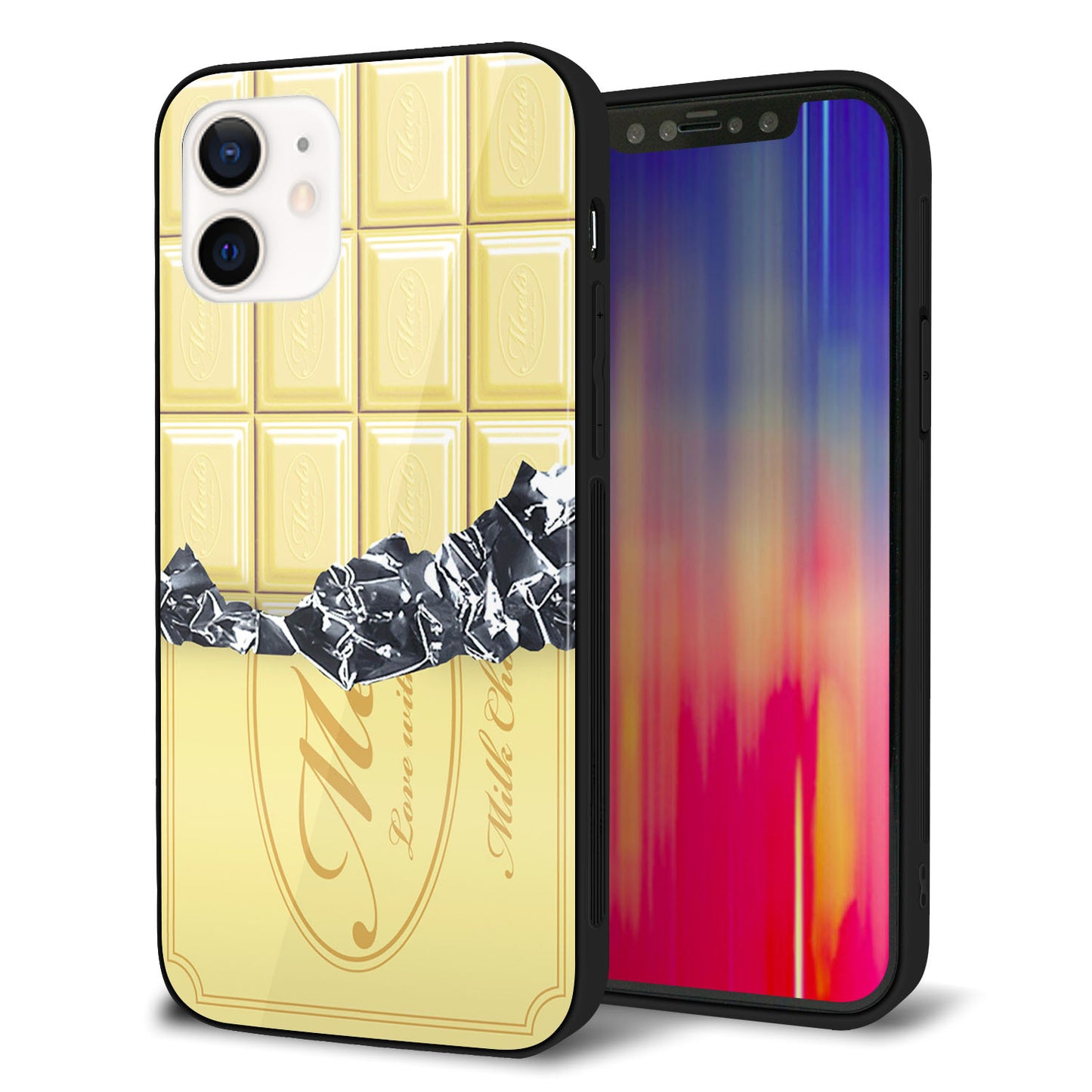 iPhone 12 強化ガラス＆TPUスマホケース ガラプリ【553 板チョコ?ホワイト】