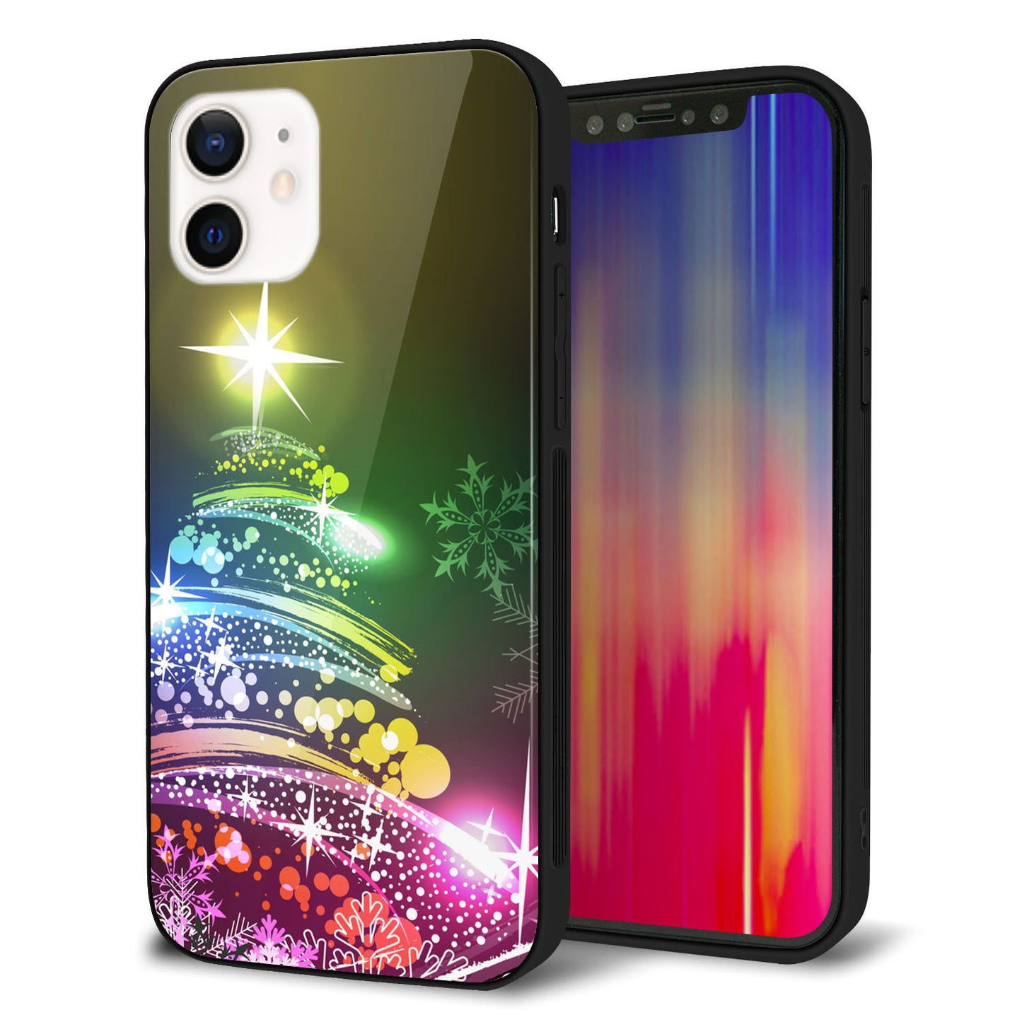 iPhone 12 強化ガラス＆TPUスマホケース ガラプリ【722 レインボークリスマス】