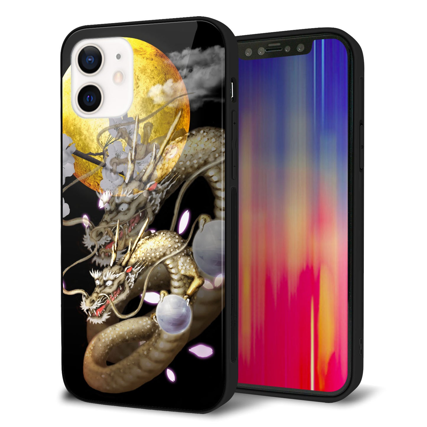 iPhone 12 強化ガラス＆TPUスマホケース ガラプリ【1003 月と龍】