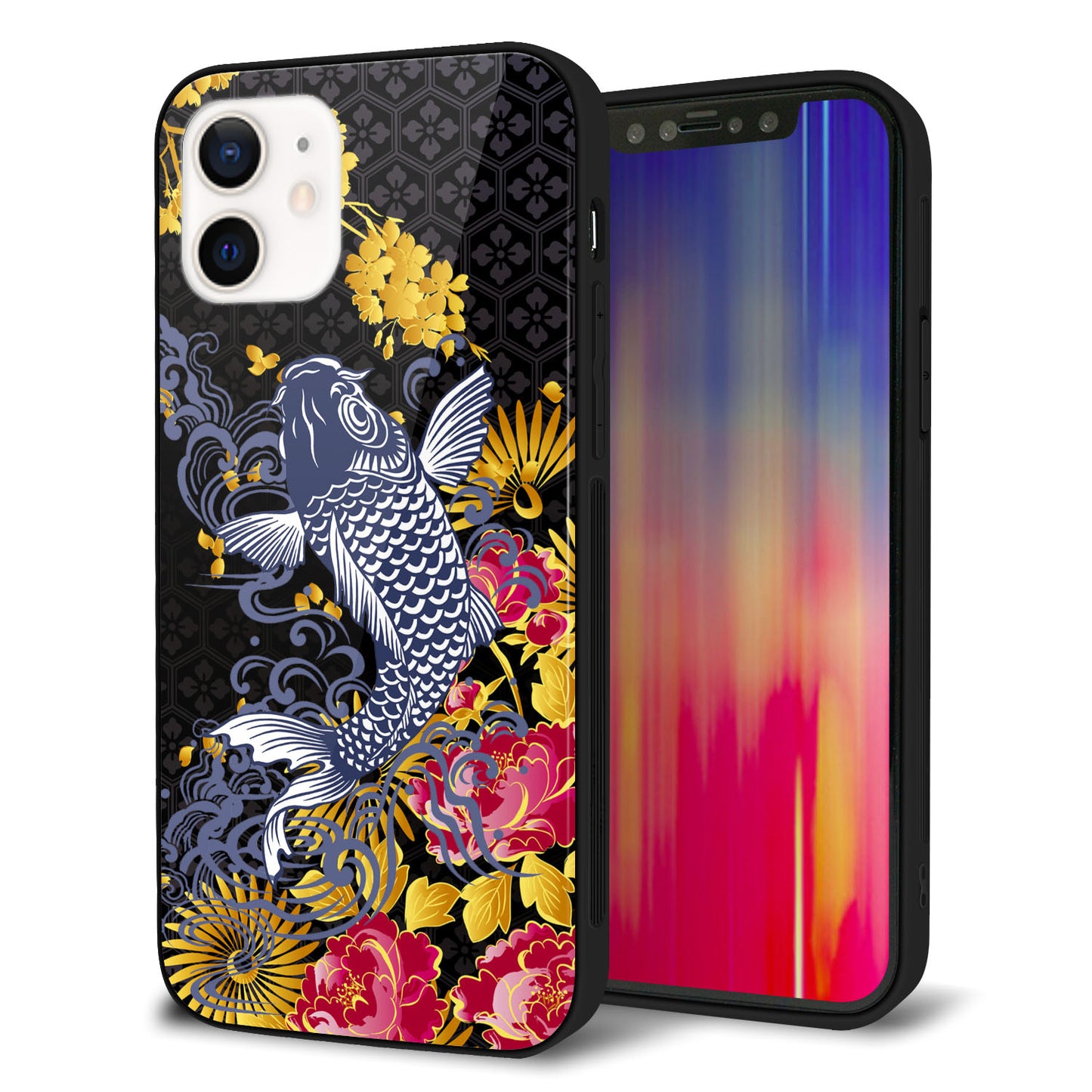 iPhone 12 強化ガラス＆TPUスマホケース ガラプリ【1028 牡丹と鯉】