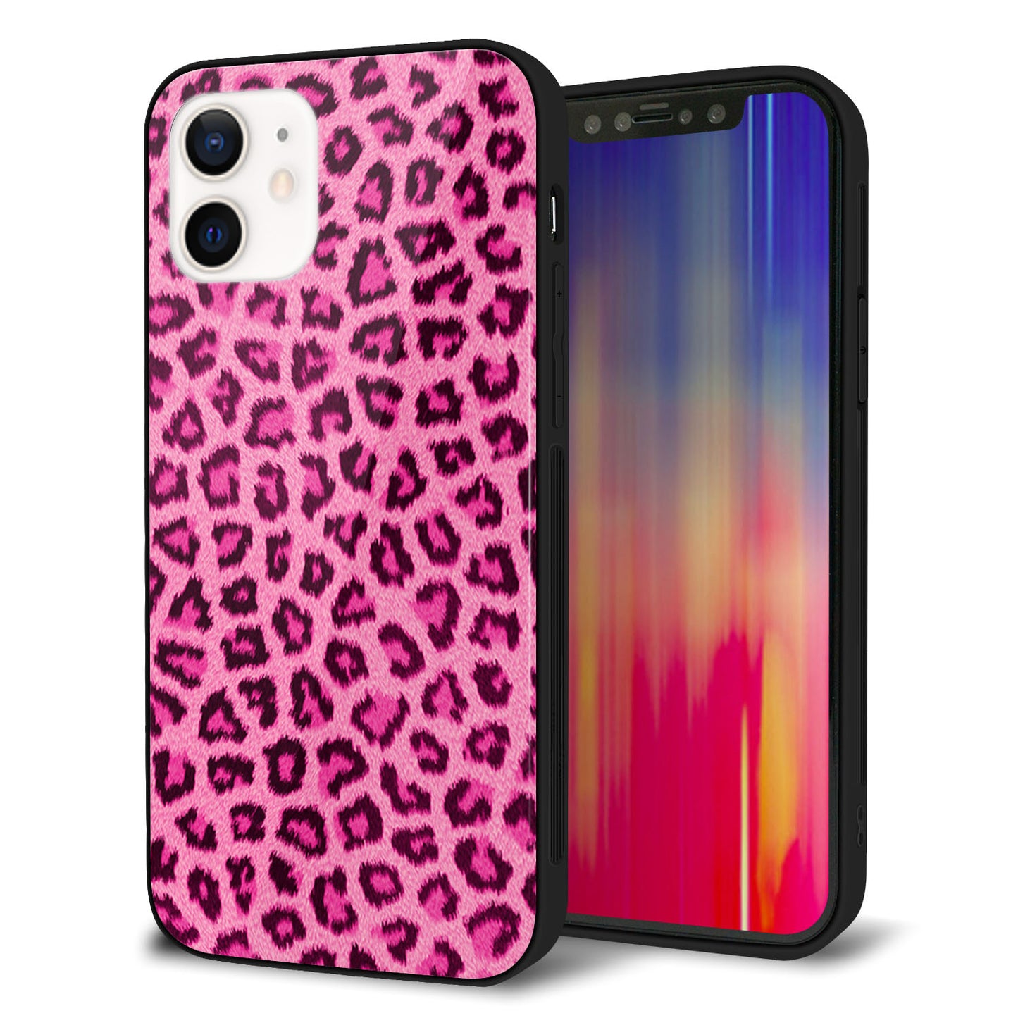 iPhone 12 強化ガラス＆TPUスマホケース ガラプリ【1066 ヒョウ柄ベーシックSピンク】