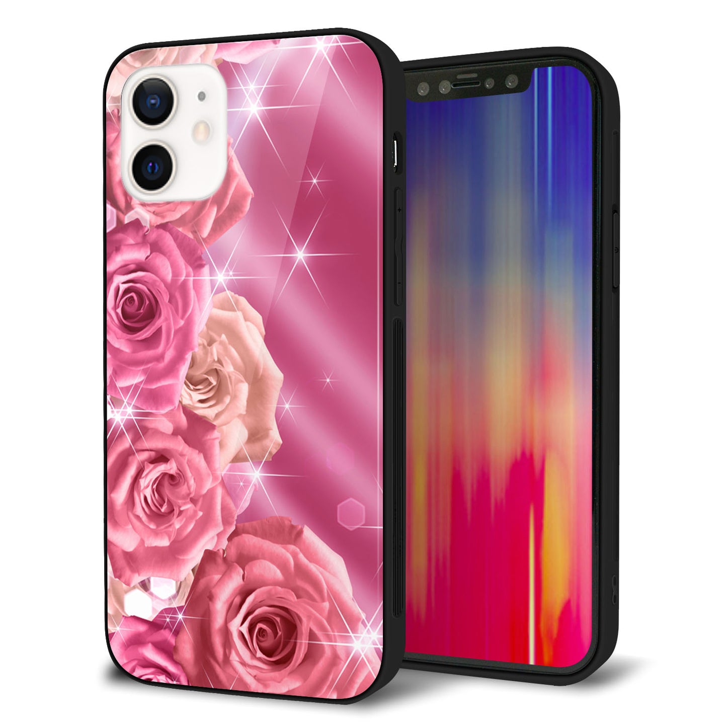 iPhone 12 強化ガラス＆TPUスマホケース ガラプリ【1182 ピンクの薔薇に誘われて】