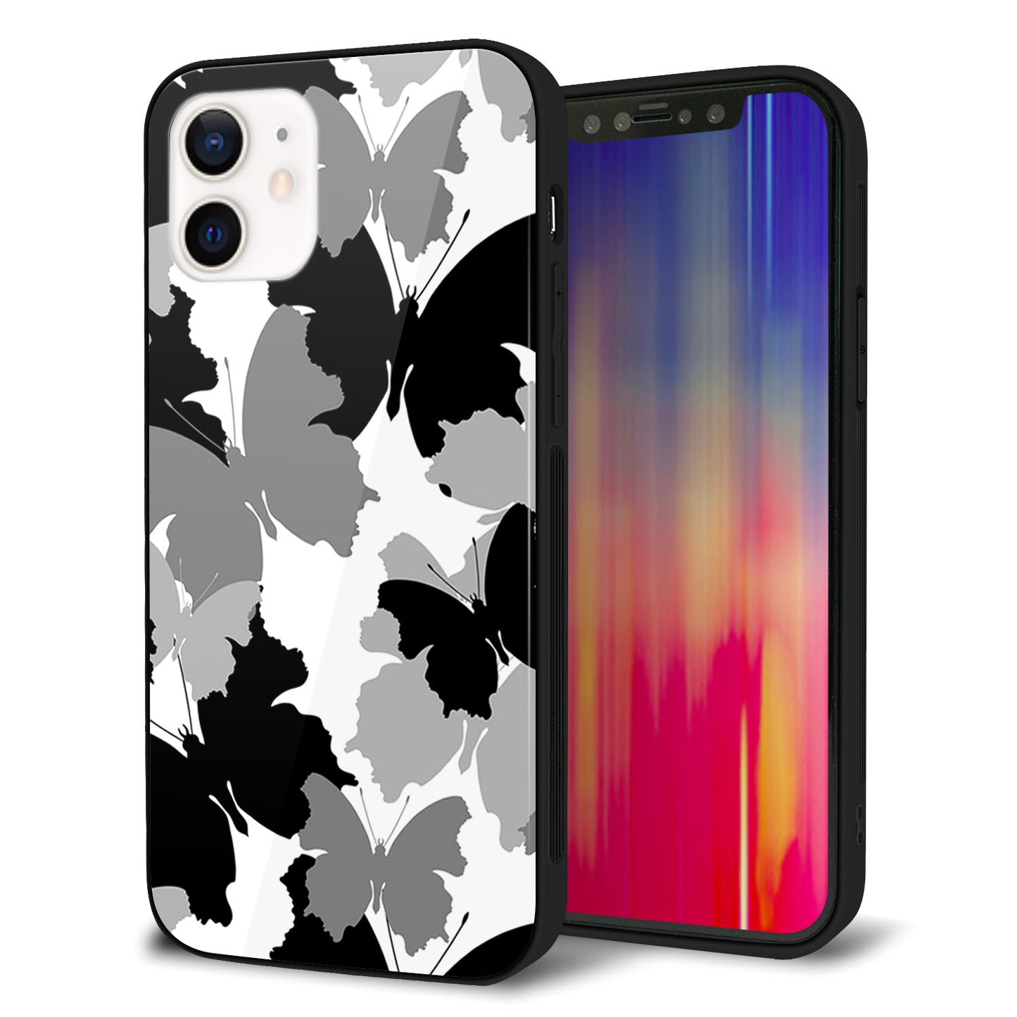 iPhone 12 強化ガラス＆TPUスマホケース ガラプリ【1336 夜の蝶】