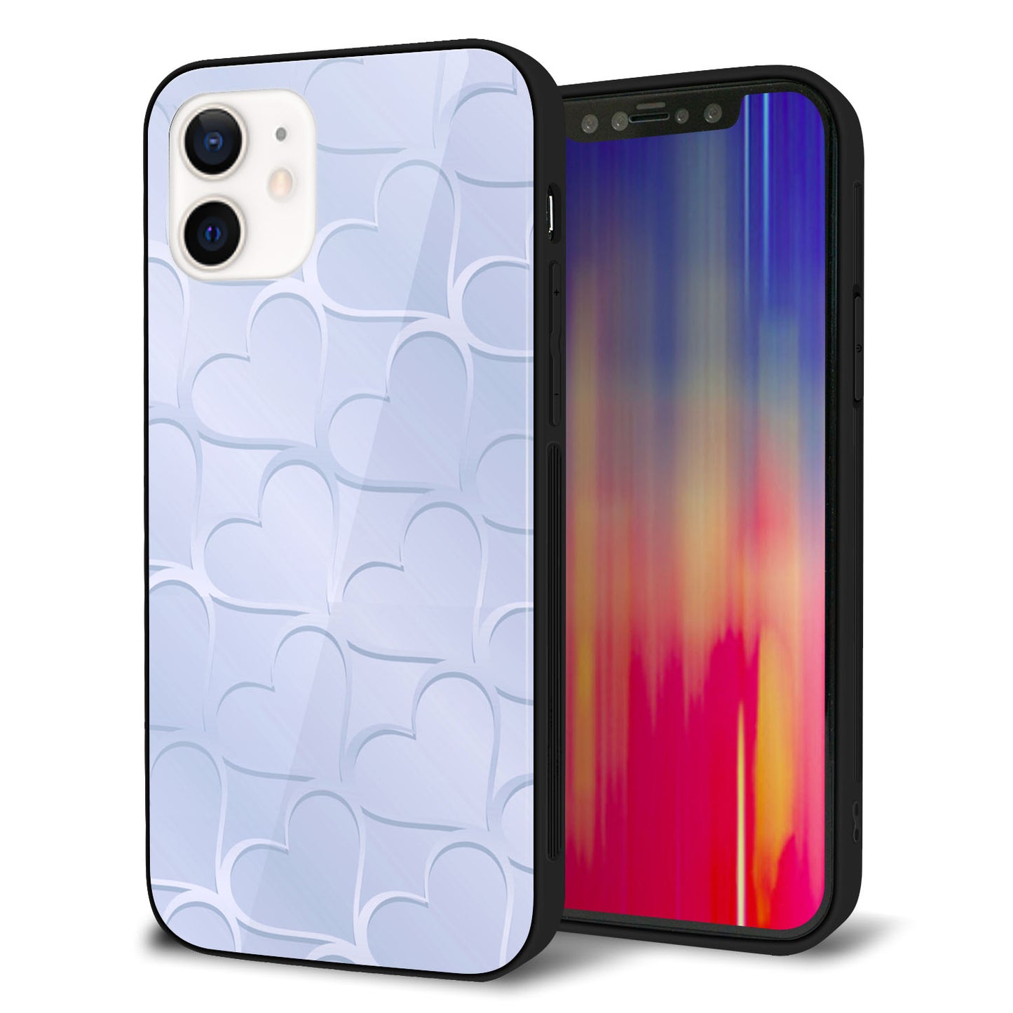 iPhone 12 強化ガラス＆TPUスマホケース ガラプリ【1341 かくれハート（ブルー）】