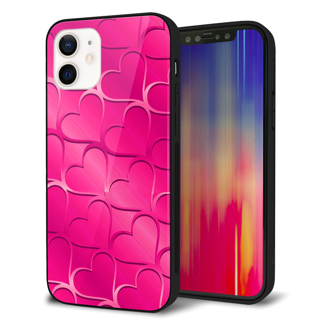 iPhone 12 強化ガラス＆TPUスマホケース ガラプリ【1347 かくれハート（ショッキングピンク）】
