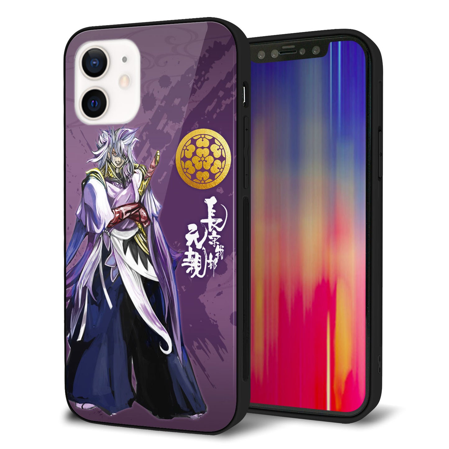 iPhone 12 強化ガラス＆TPUスマホケース ガラプリ【AB805 長宗我部 元親 イラストと家紋】