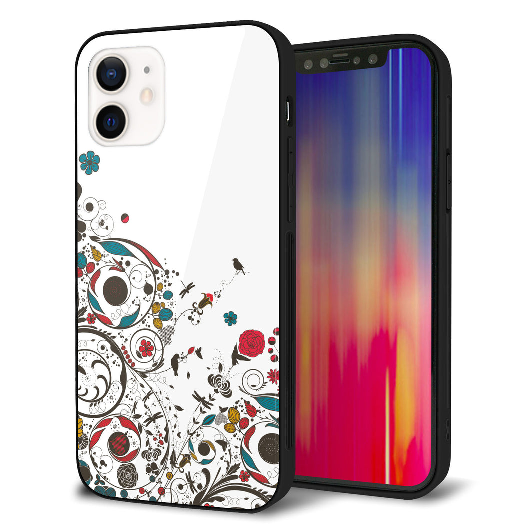 iPhone 12 強化ガラス＆TPUスマホケース ガラプリ【EK908 カラフルな花と鳥】