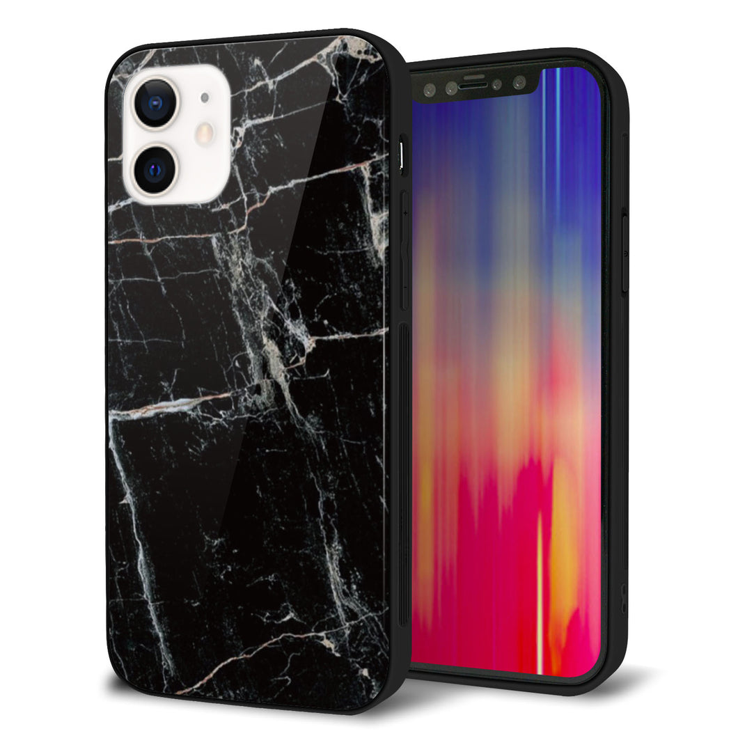 iPhone 12 強化ガラス＆TPUスマホケース ガラプリ【KM867 大理石BK】