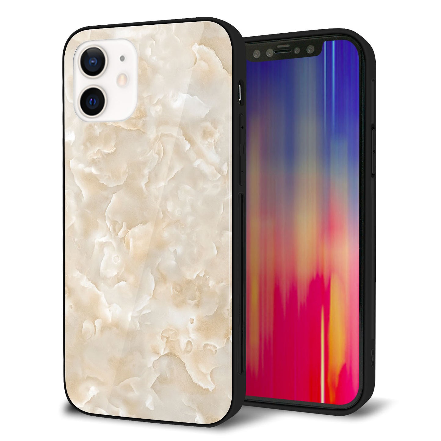 iPhone 12 強化ガラス＆TPUスマホケース ガラプリ【KM872 大理石パール】