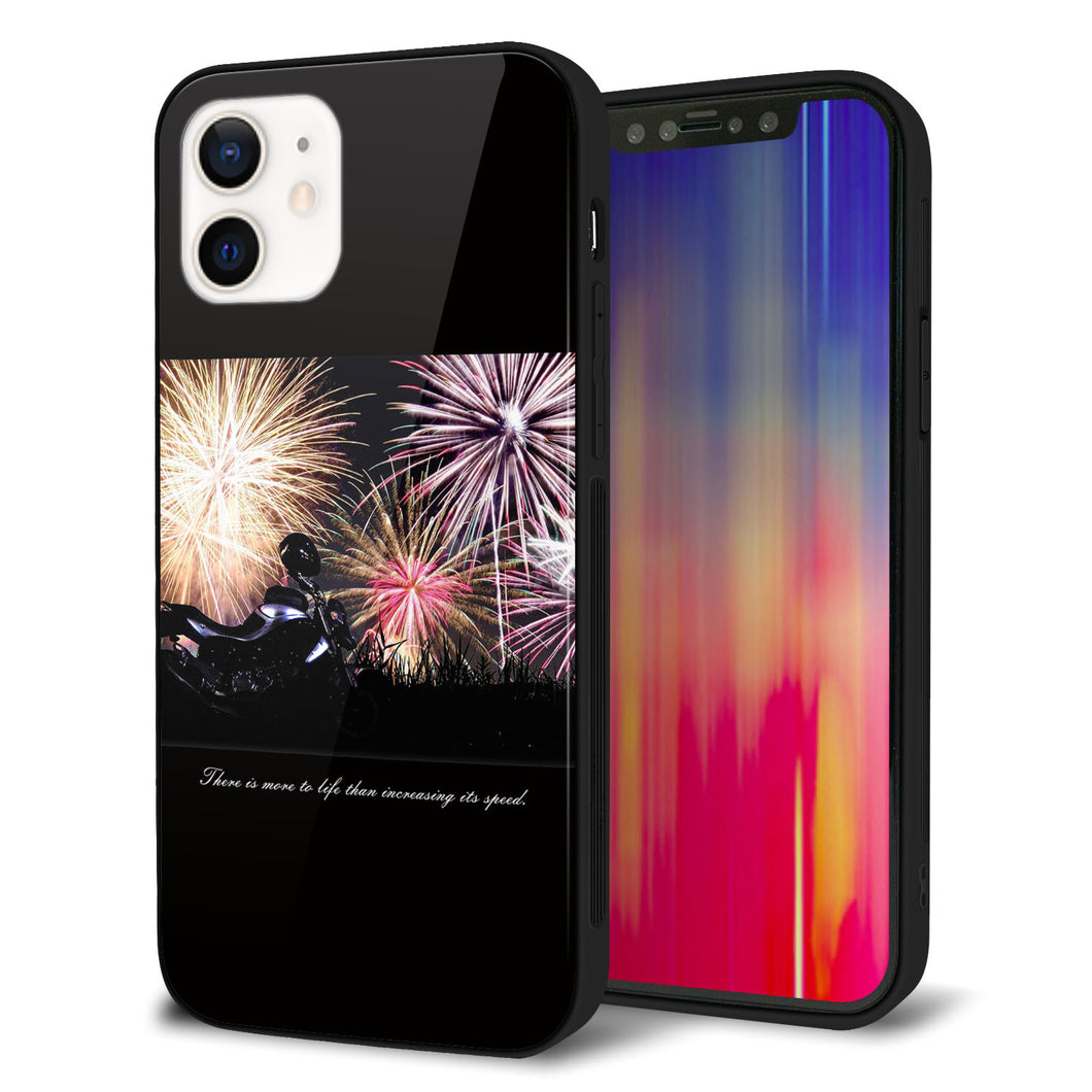 iPhone 12 強化ガラス＆TPUスマホケース ガラプリ【KM878 バイクと花火】