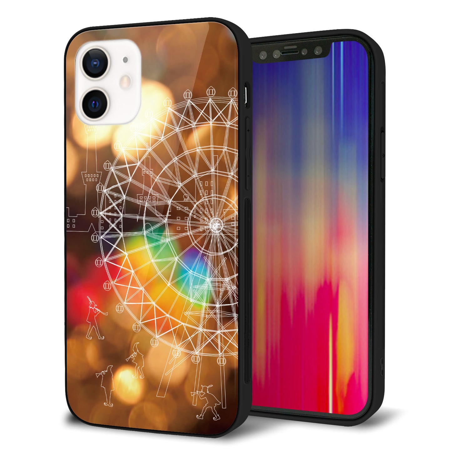 iPhone 12 強化ガラス＆TPUスマホケース ガラプリ【KM884 観覧車と笛吹】