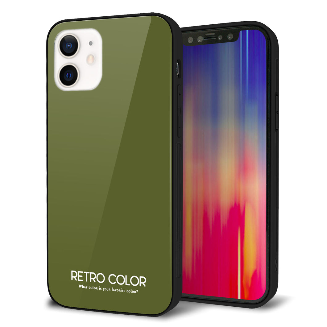 iPhone 12 強化ガラス＆TPUスマホケース ガラプリ【KM916 レトロカラー(カーキ)】