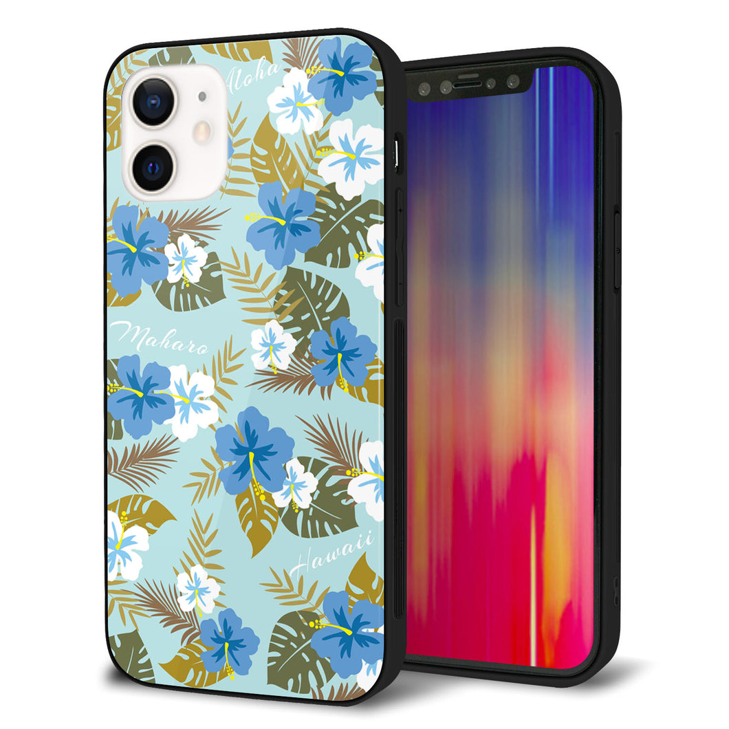 iPhone 12 強化ガラス＆TPUスマホケース ガラプリ【SC883 ハワイアンアロハレトロ（ブルー）】