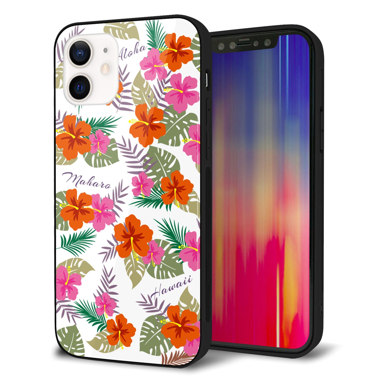 iPhone 12 強化ガラス＆TPUスマホケース ガラプリ【SC884 ハワイアンアロハレトロ（ホワイト）】