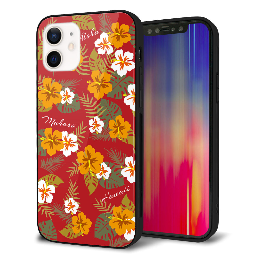 iPhone 12 強化ガラス＆TPUスマホケース ガラプリ【SC885 ハワイアンアロハレトロ（レッド）】