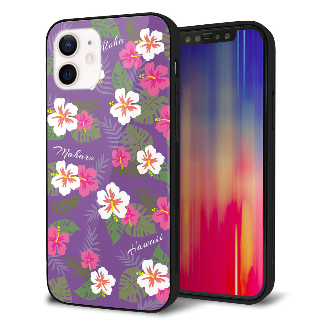 iPhone 12 強化ガラス＆TPUスマホケース ガラプリ【SC886 ハワイアンアロハレトロ（パープル）】