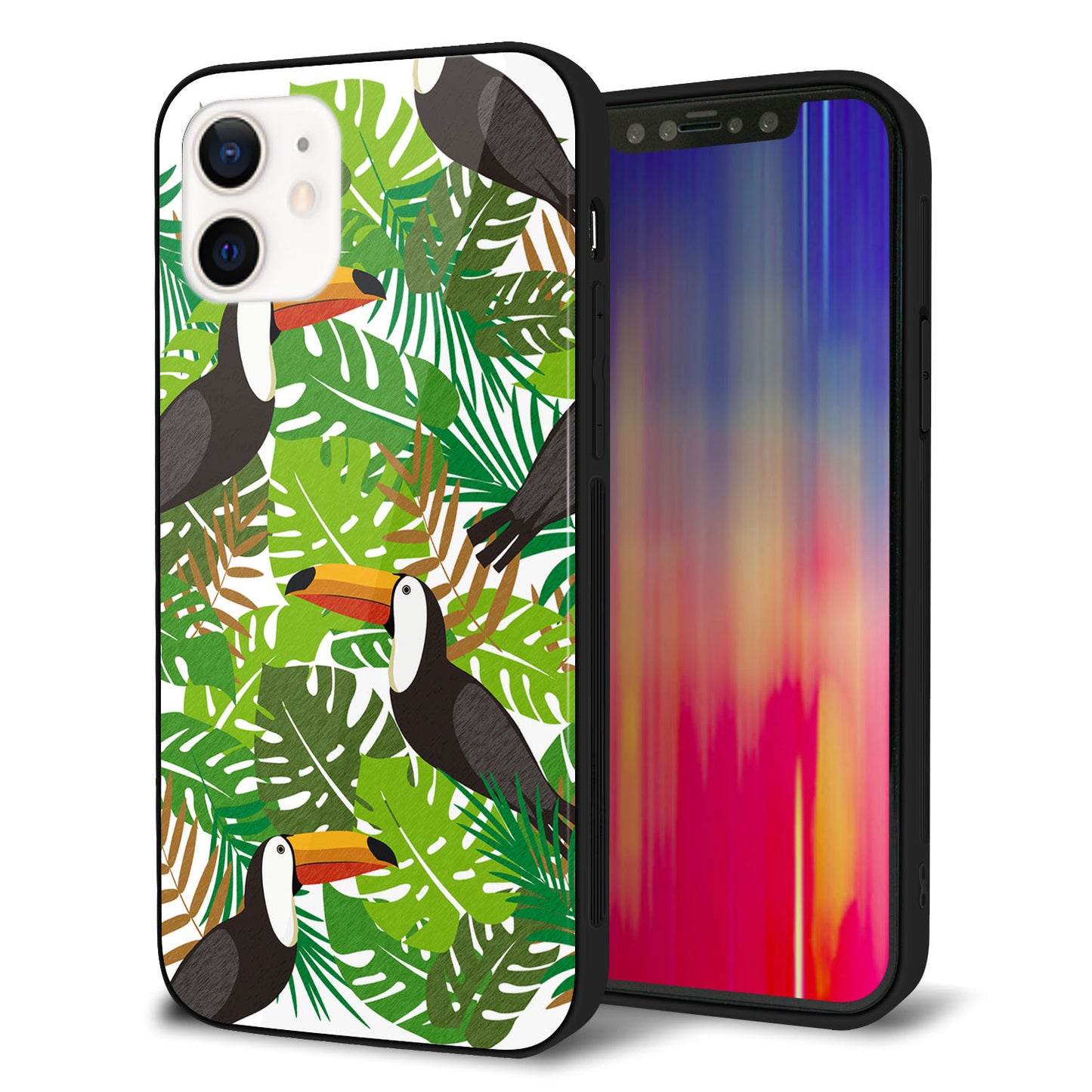 iPhone 12 強化ガラス＆TPUスマホケース ガラプリ【SC894 ボタニカル トロピカルバード】