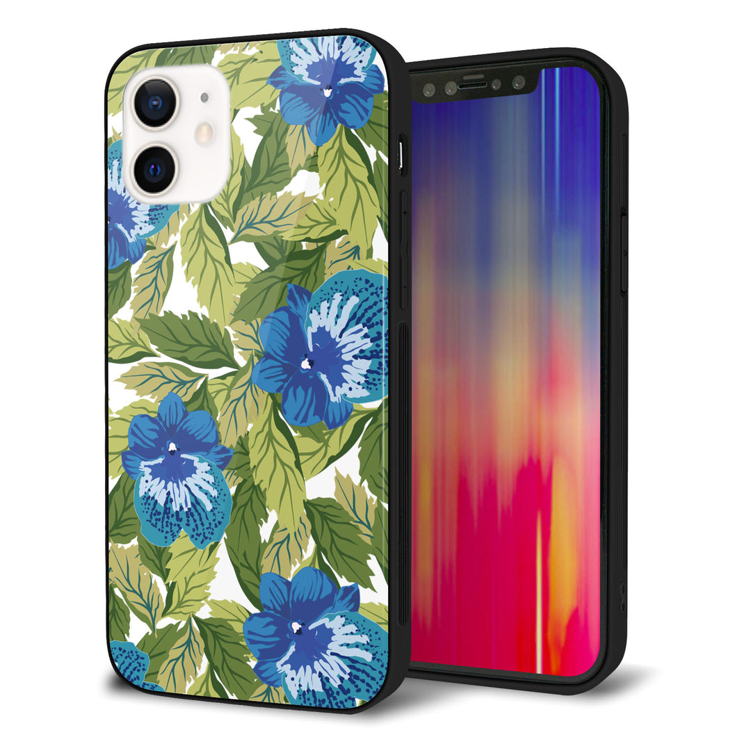 iPhone 12 強化ガラス＆TPUスマホケース ガラプリ【SC896 ボタニカル ブルー＆リーフ】