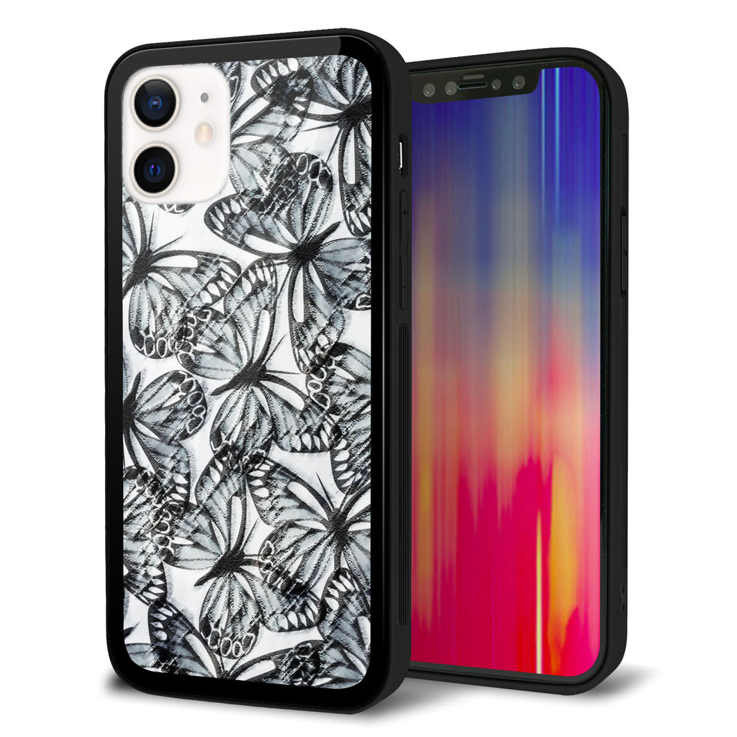 iPhone 12 強化ガラス＆TPUスマホケース ガラプリ【SC905 ガーデンバタフライ ブラック】