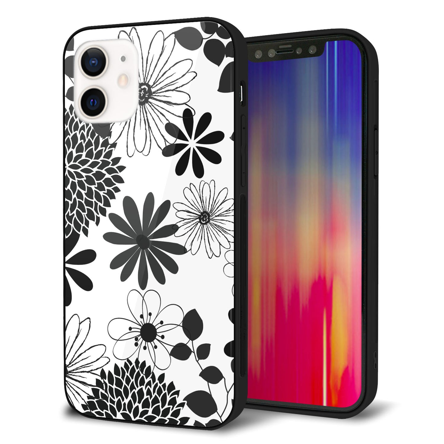 iPhone 12 強化ガラス＆TPUスマホケース ガラプリ【SC912 花柄モノトーン 01】