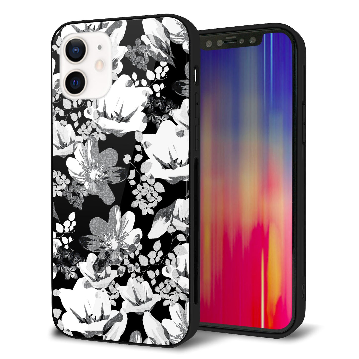 iPhone 12 強化ガラス＆TPUスマホケース ガラプリ【SC913 花柄モノトーン 02】
