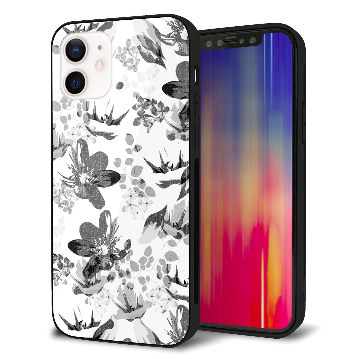 iPhone 12 強化ガラス＆TPUスマホケース ガラプリ【SC914 花柄モノトーン 03】