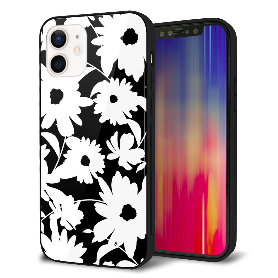 iPhone 12 強化ガラス＆TPUスマホケース ガラプリ【SC915 花柄モノトーン 04】