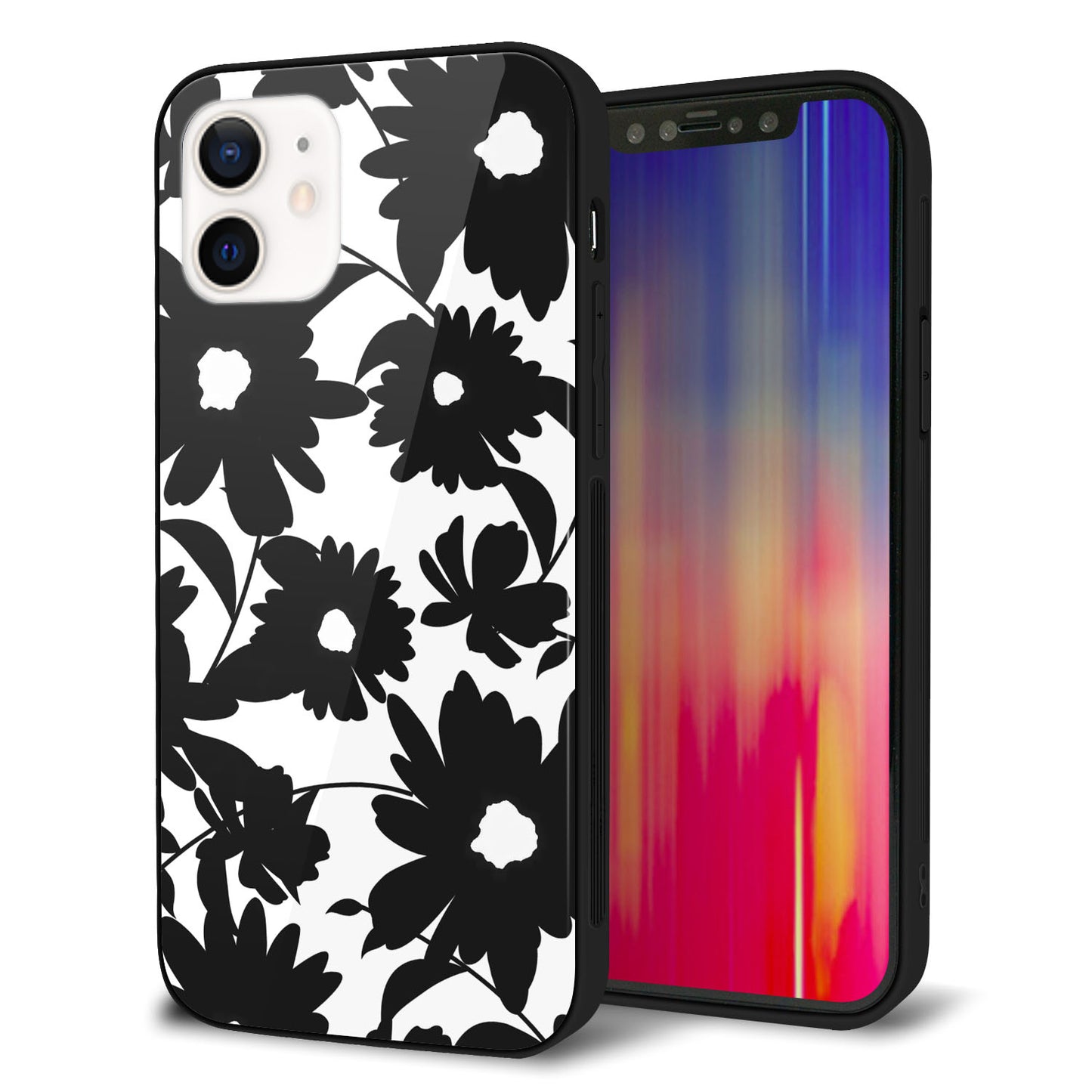 iPhone 12 強化ガラス＆TPUスマホケース ガラプリ【SC916 花柄モノトーン 05】