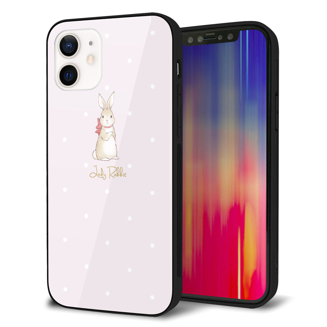 iPhone 12 強化ガラス＆TPUスマホケース ガラプリ【SC966 Lady Rabbit ベージュピンクhp】